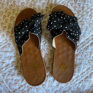 Black and White Polka Dot Bow Flat Slides - Non Slip Open Toe Sandals Size 10